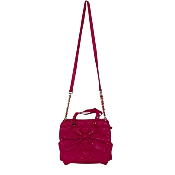 Betsy Johnson Satchel Style Purse with Large Bow Detail & Shoulder Straps PINK - Picture 3 of 12